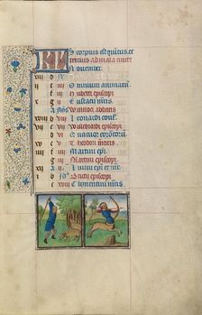 November Calendar Page: Gathering Acorns for Pigs: Sagittarius; Arenberg Hours, early 1460s. Creator: Workshop of Willem Vrelant