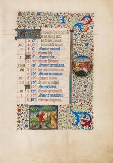 November Calendar Page: Gathering Acorns for Pigs: Sagittarius; Book of Hours, about 1440-1450. Creator: Workshop of the Bedford Master