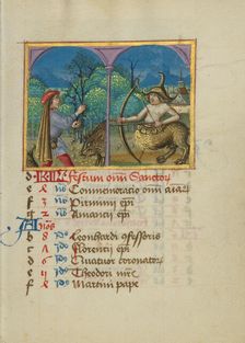 November Calendar Page; Gathering Acorns for Pigs; Sagittarius; Book of Hours, early 16th century. Creator: Unknown