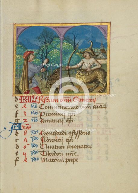November Calendar Page; Gathering Acorns for Pigs; Sagittarius; Book of Hours, early 16th century. Creator: Unknown.
