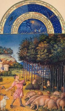 November - feeding pigs on acorns, 15th century, (1939). Creator: Jean Colombe