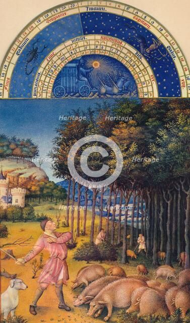 November - feeding pigs on acorns, 15th century, (1939). Creator: Jean Colombe.