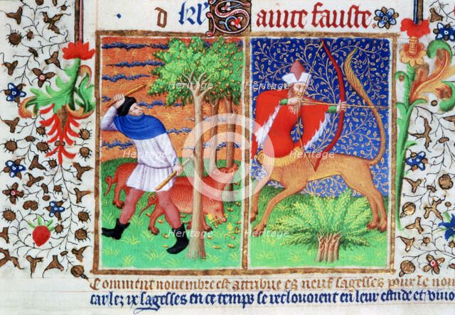 November: feeding pigs, and Sagittarius, c1423. Artist: Unknown