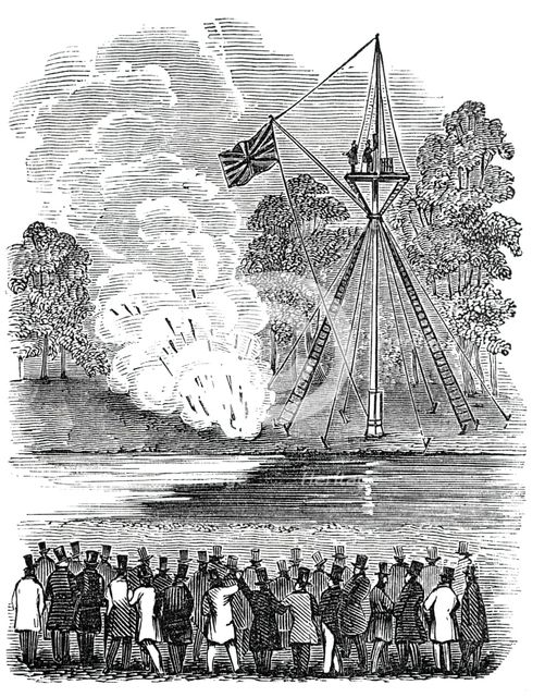 Novel experiments in warfare - shower of hand-rockets, 1844. Creator: Unknown.