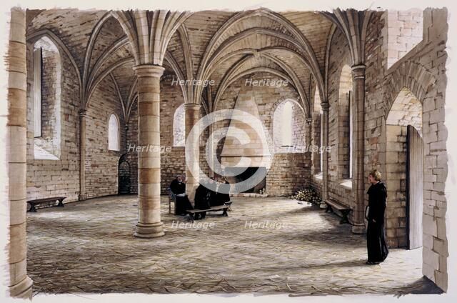 Novices' room, Battle Abbey, East Sussex, in the 12th century (c1980-c2008). Artist: Peter Urmston.