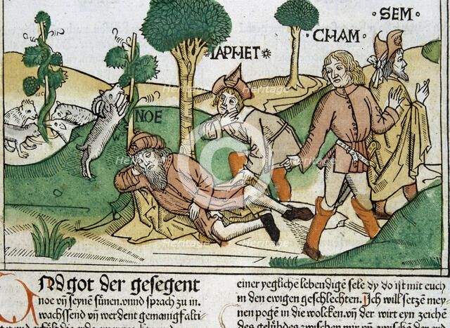 Noah and his sons, scene in the Bible of Nuremberg written in German, 1483.
