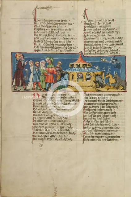 Noah's Family and the Animals Boarding the Ark; Weltchronik, about 1400-1410. Creator: Unknown.