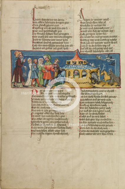 Noah's Family and the Animals Boarding the Ark; Weltchronik, about 1400-1410. Creator: Unknown.