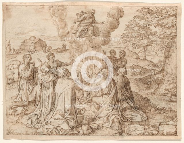 Noah's Sacrifice, plate IX from The Creation and Early History of Man, 1606. Creator: Jan Wierix.