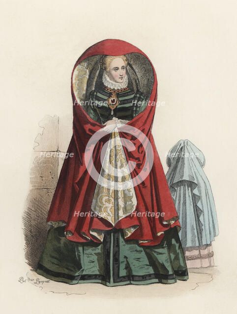 Noble lady of Antwerp, in the modern age, color engraving 1870.