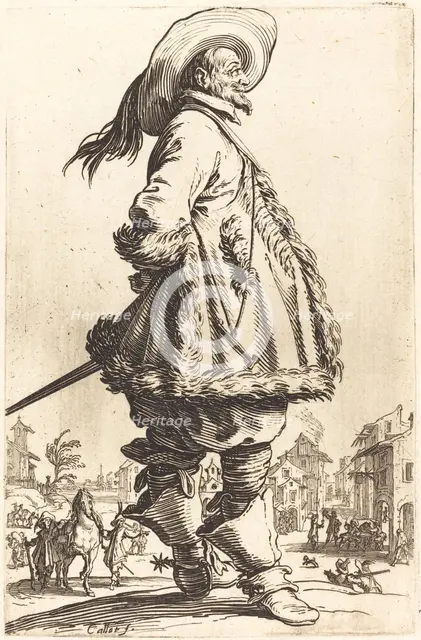Noble Man with Mantle Trimmed in Fur, Holding his Hands Behind his Back, c. 1620/1623. Creator: Jacques Callot.