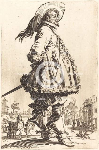 Noble Man with Mantle Trimmed in Fur, Holding his Hands Behind his Back, c. 1620/1623. Creator: Jacques Callot.