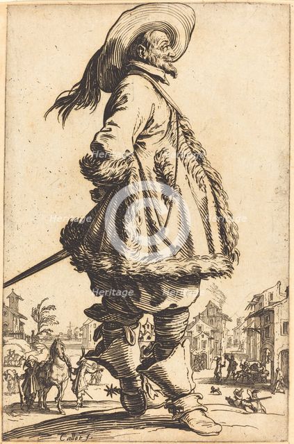 Noble Man with Mantle Trimmed in Fur, Holding his Hands Behind his Back, c. 1620/1623. Creator: Jacques Callot.