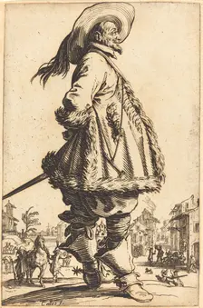 Noble Man with Mantle Trimmed in Fur, Holding his Hands Behind his Back, c. 1620/1623. Creator: Jacques Callot