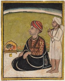 Noble seated on an outdoor parapet worshiping a shrine of Krishna fluting, c. 1800. Creator: Unknown