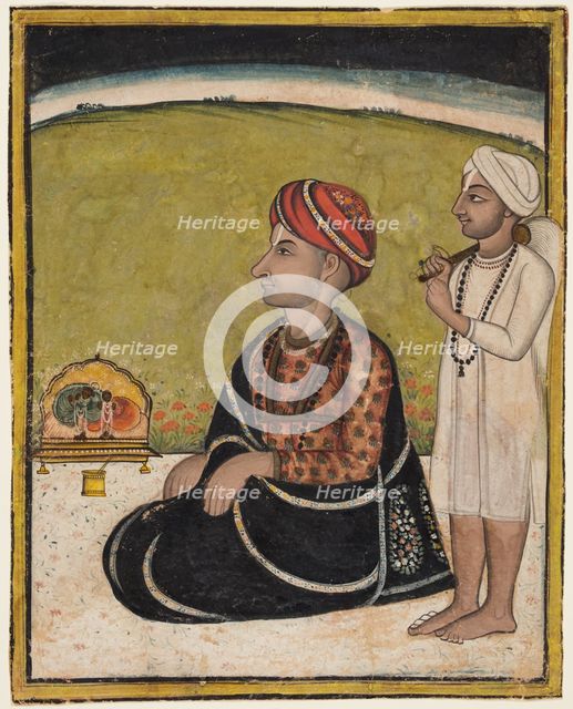 Noble seated on an outdoor parapet worshiping a shrine of Krishna fluting, c. 1800. Creator: Unknown.