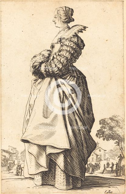 Noble Woman in Profile with her Hands in a Muff, c. 1620/1623. Creator: Jacques Callot.