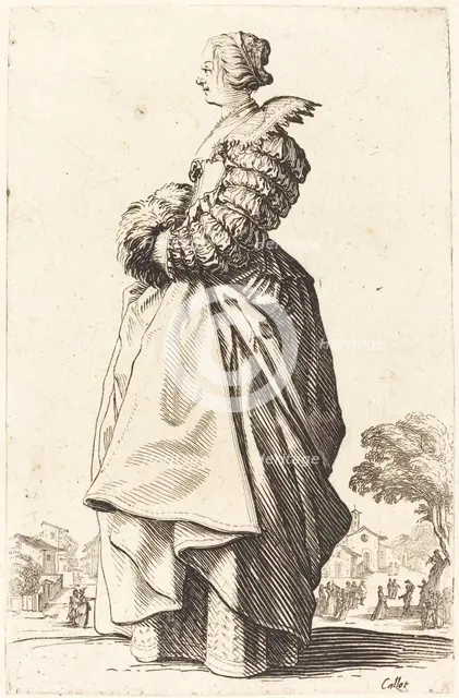 Noble Woman in Profile with her Hands in a Muff, c. 1620/1623. Creator: Jacques Callot.