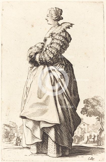 Noble Woman in Profile with her Hands in a Muff, c. 1620/1623. Creator: Jacques Callot.