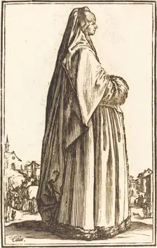 Noble Woman Wearing a Veil and a Dress Trimmed in Fur. Creator: Unknown