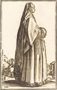 Noble Woman Wearing a Veil and a Dress Trimmed in Fur. Creator: Unknown