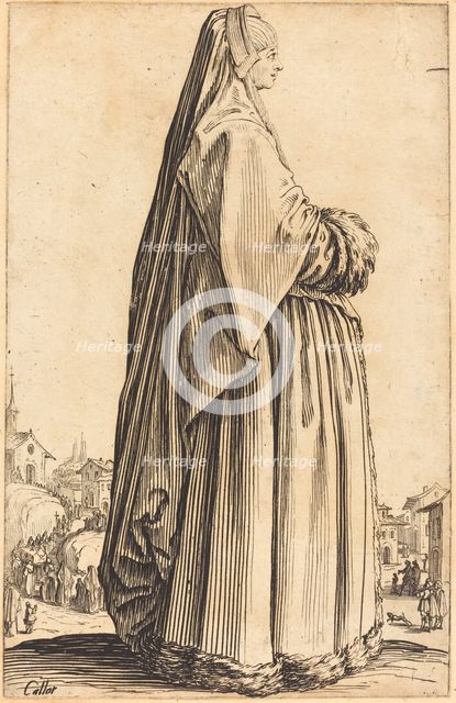 Noble Woman Wearing a Veil and a Dress Trimmed in Fur, c. 1620/1623. Creator: Jacques Callot.