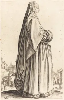Noble Woman Wearing a Veil and a Dress Trimmed in Fur, c. 1620/1623. Creator: Jacques Callot
