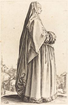 Noble Woman Wearing a Veil and a Dress Trimmed in Fur, c. 1620/1623. Creator: Jacques Callot