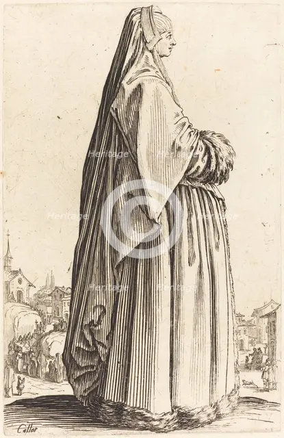 Noble Woman Wearing a Veil and a Dress Trimmed in Fur, c. 1620/1623. Creator: Jacques Callot.
