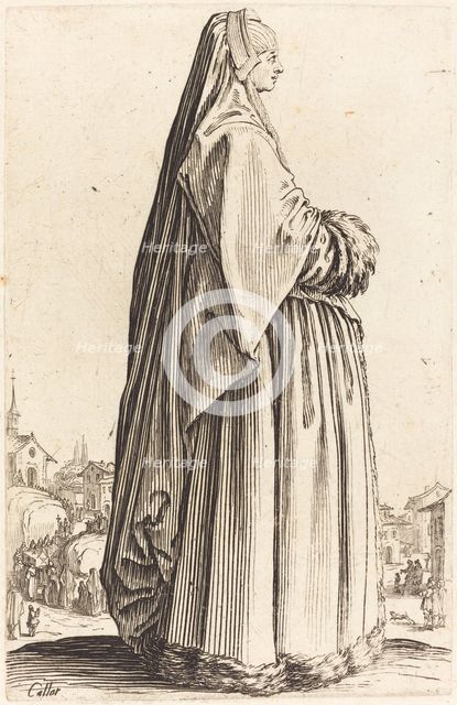 Noble Woman Wearing a Veil and a Dress Trimmed in Fur, c. 1620/1623. Creator: Jacques Callot.