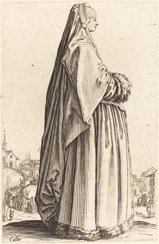 Noble Woman Wearing a Veil and a Dress Trimmed in Fur, c. 1620/1623. Creator: Jacques Callot