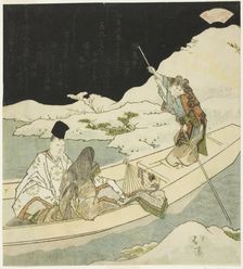 Nobleman and court lady boating at night near a snow-covered shore, 1826. Creator: Totoya Hokkei