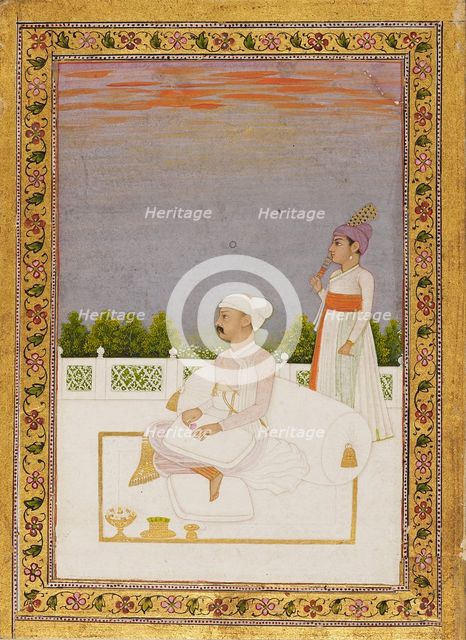 Nobleman, possibly Mir Qasim, seated on a terrace with attendant, 18th century. Artist: Nidhama.