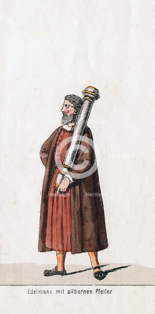 Nobleman with silver column, costume design for Shakespeare's play, Henry VIII, 19th century. Artist: Unknown