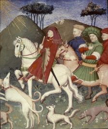 Noblemen on horseback with their dogs, 15th century. Creator: Unknown