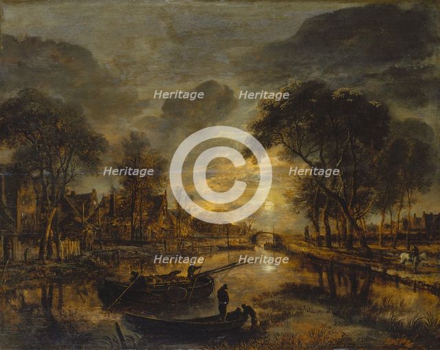 Nocturnal Canal Landscape with Fishing Boats, c1645-1650. Creator: Aert van der Neer.