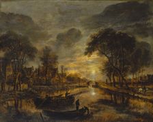 Nocturnal Canal Landscape with Fishing Boats, c1645-1650. Creator: Aert van der Neer