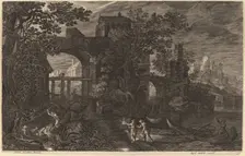 Nocturnal Landscape with River Fishermen outside City Walls. Creator: Aegidius Sadeler II
