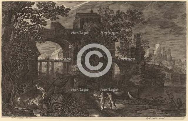 Nocturnal Landscape with River Fishermen outside City Walls. Creator: Aegidius Sadeler II.