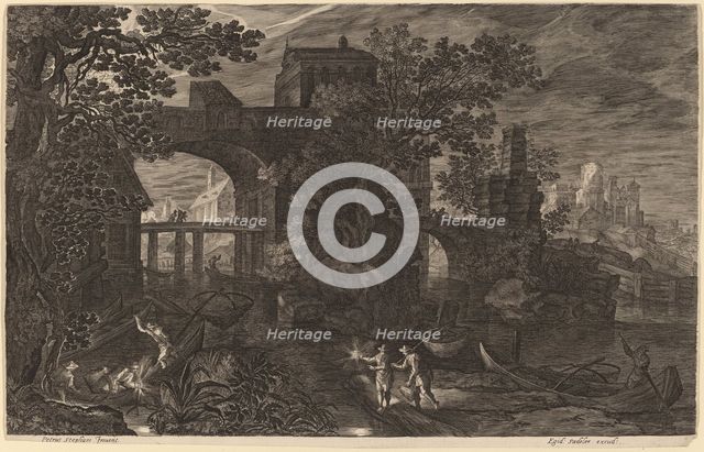 Nocturnal Landscape with River Fishermen outside City Walls. Creator: Aegidius Sadeler II.