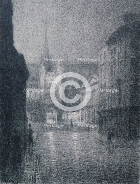 Nocturnal view of the Guildhall from the corner of Gresham Street, City of London, 1900.             Artist: Thomas Robert Way