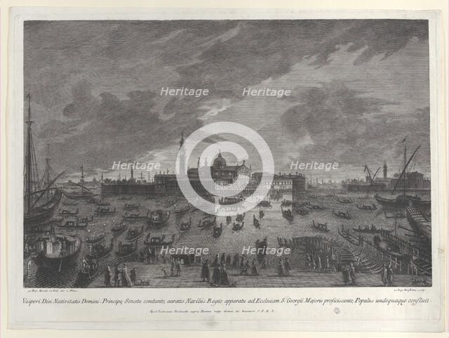 Nocturnal view of the procession on Christmas Eve of the Doge and Venetian Senate to San G..., 1763. Creator: Giovanni Battista Brostoloni.