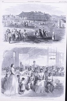 Noon at the Primary school (top) and Primary school for Freedmen..., 1866-06-23. Creator: Unknown