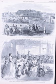 Noon at the Primary school (top) and Primary school for Freedmen..., 1866-06-23. Creator: Unknown