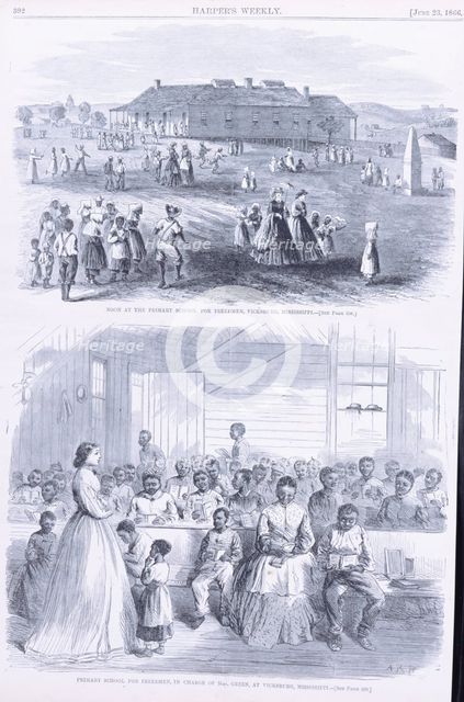 Noon at the Primary school (top) and Primary school for Freedmen..., 1866-06-23. Creator: Unknown.