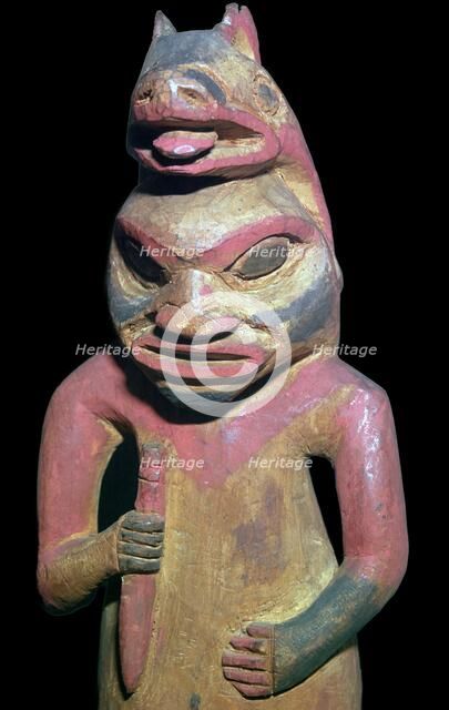 Nootka Sound Native American figure of a man wearing a bear's skin. Artist: Unknown