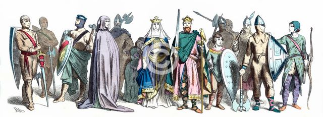 Normans and Saxons personages of the 10th century, German engraving 1860.