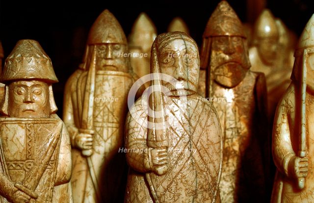 Norse chessmen, from a Viking hoard, Isle of Lewis, Scotland. Artist: Unknown