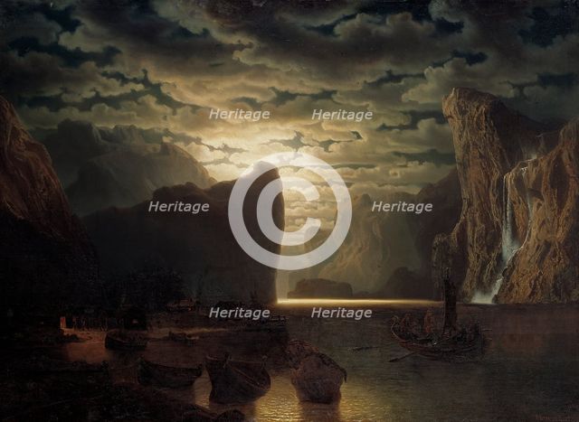 Norwegian Fjord in Moonlight. Motif from the Sogne-Fjord, 1861. Creator: Markus Larsson.