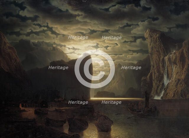 Norwegian Fjord in Moonlight. Motif from the Sogne-Fjord, 1861. Creator: Markus Larsson.